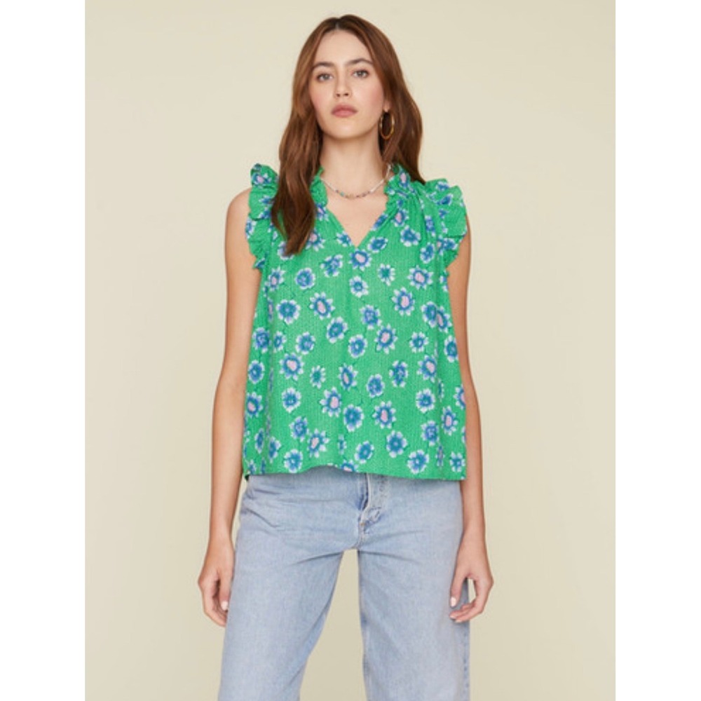 Xirena Womens Green Floral Polka Dot Ruffle Sleeve V-Neck Cotton‎ Top Size M
